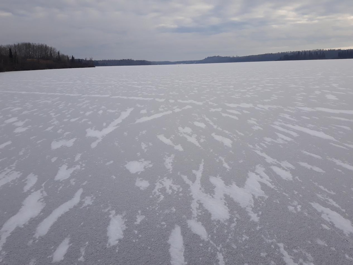 Wind-scoured frozen lake under a grey winter sky, open and bleak