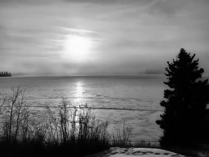 A black and white photograph of a frozen lake at dusk, hazy sun, a silhouetted spruce tree